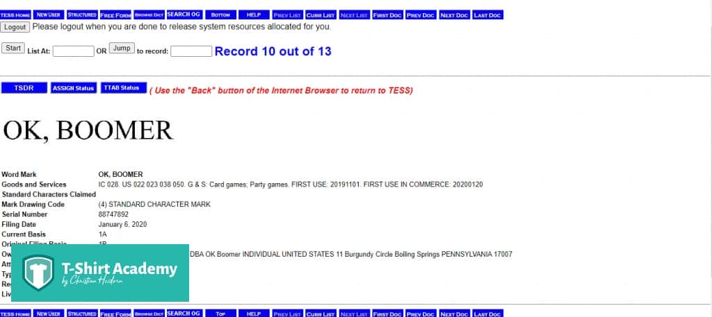 Screenshot der uspto.gov Trademark Check Seite