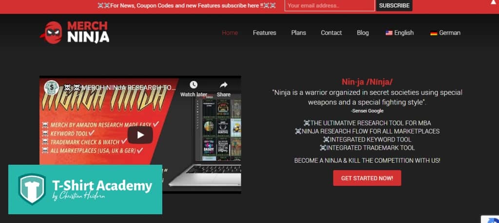 Screenshot der Merch Ninja Startseite für Nischen Analyse