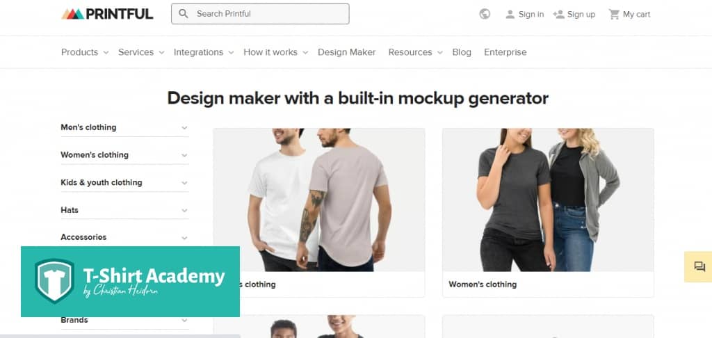 Screenshot des Online T Shirt Designer Tools printful