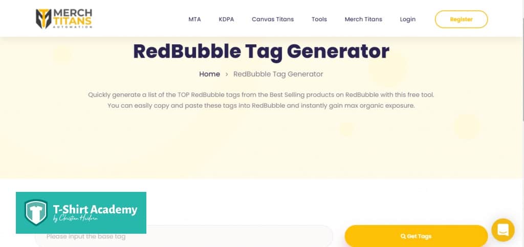 Screenshot des Merch Titans Rebubble Automation Tools, Redbubble Tag Generator